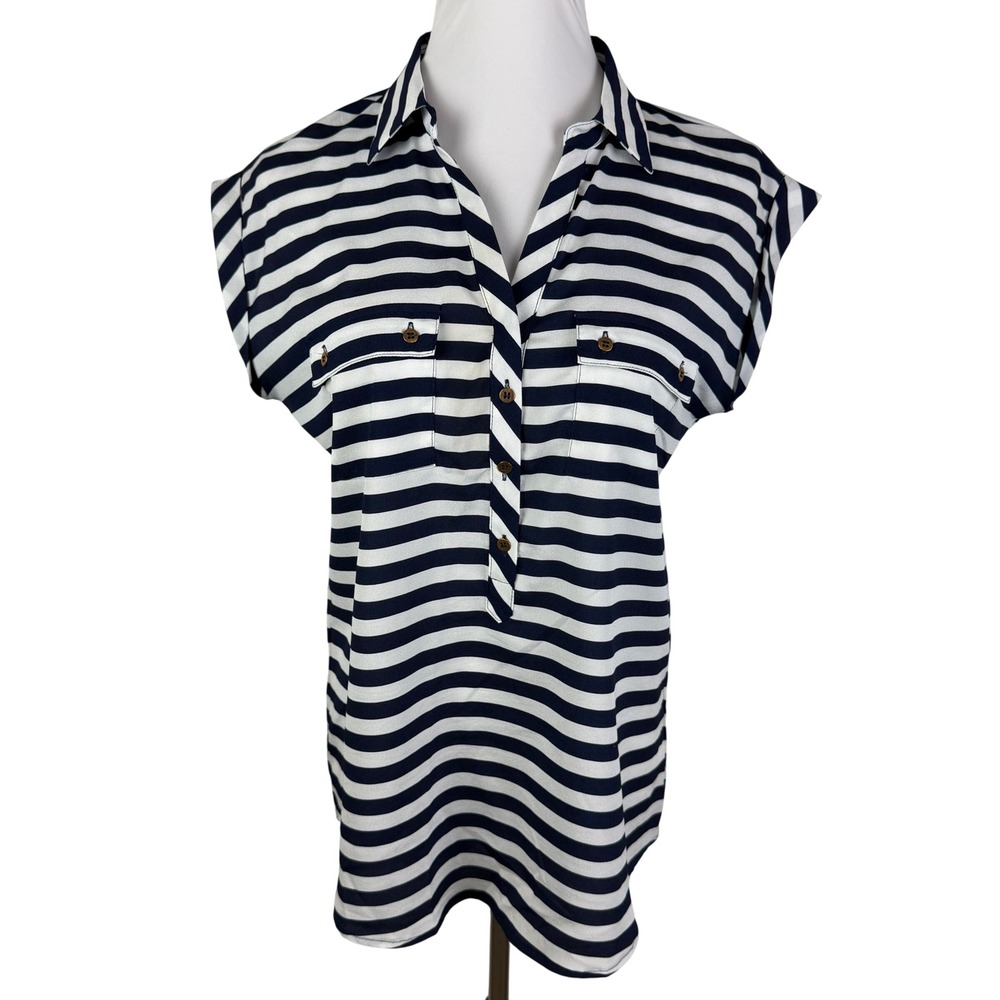 New York & Company Navy Blue White Striped Cap Sleeve Blouse Women's Medium